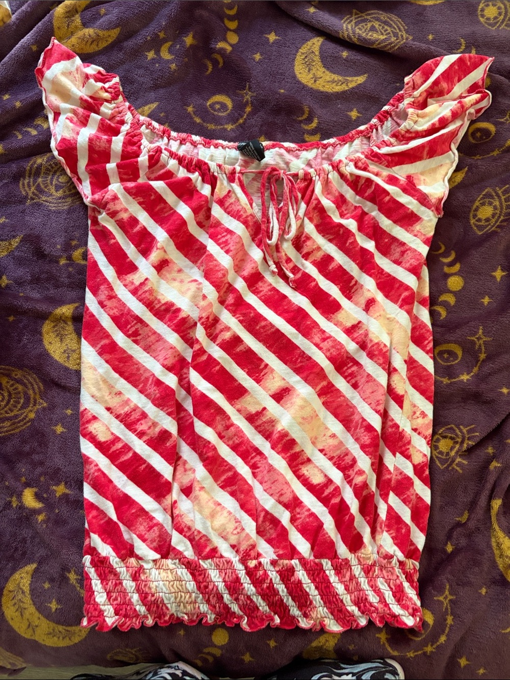 Eyeshadow Red and White Diagonal Stripe Off-Shoulder Tunic